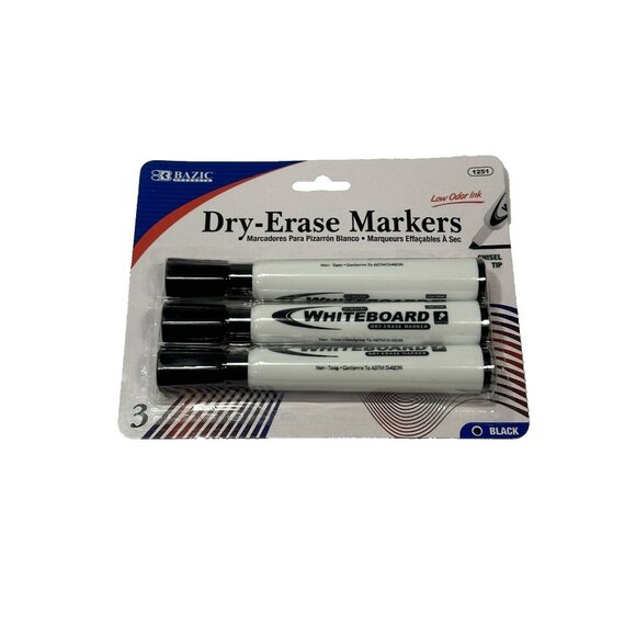 BAZIC 3 pack dry erase markets BLACK chisel tip - Picture 1 of 2